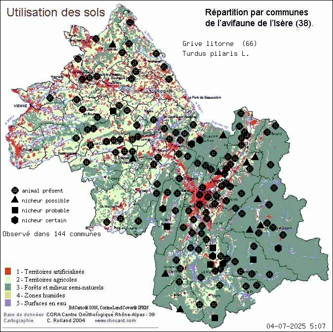 Carte de rpartition par communes en Isre d'une espce d'animal: Grive litorne (Turdus pilaris L.) selon Occupation des sols