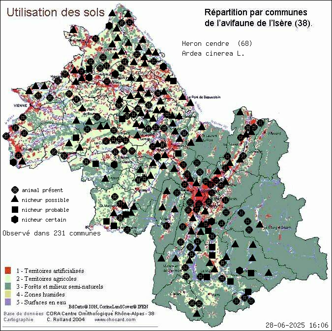 Hron cendr (Ardea cinerea L.): carte de rpartition en Isre