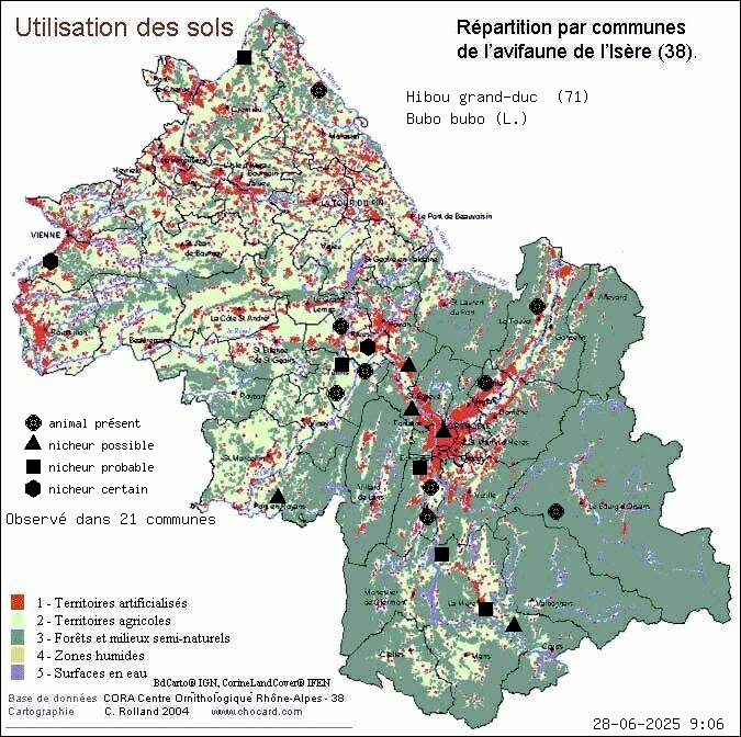 Hibou grand-duc (Bubo bubo (L.)): carte de rpartition en Isre