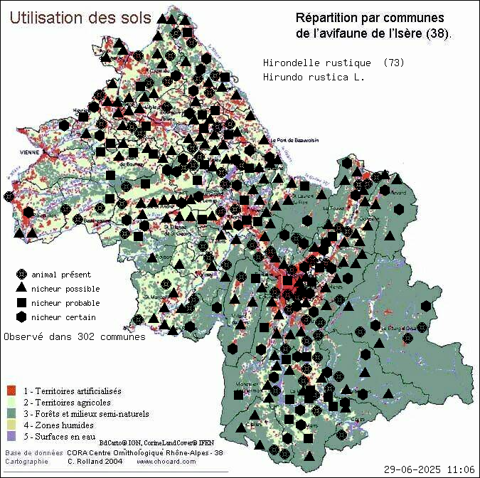 Hirondelle rustique (Hirundo rustica L.): carte de rpartition en Isre