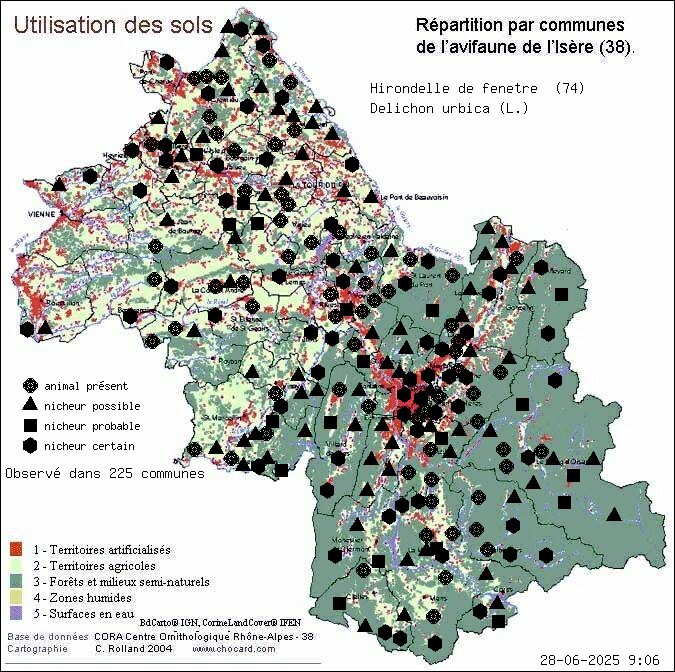 Hirondelle de fentre (Delichon urbica (L.)): carte de rpartition en Isre