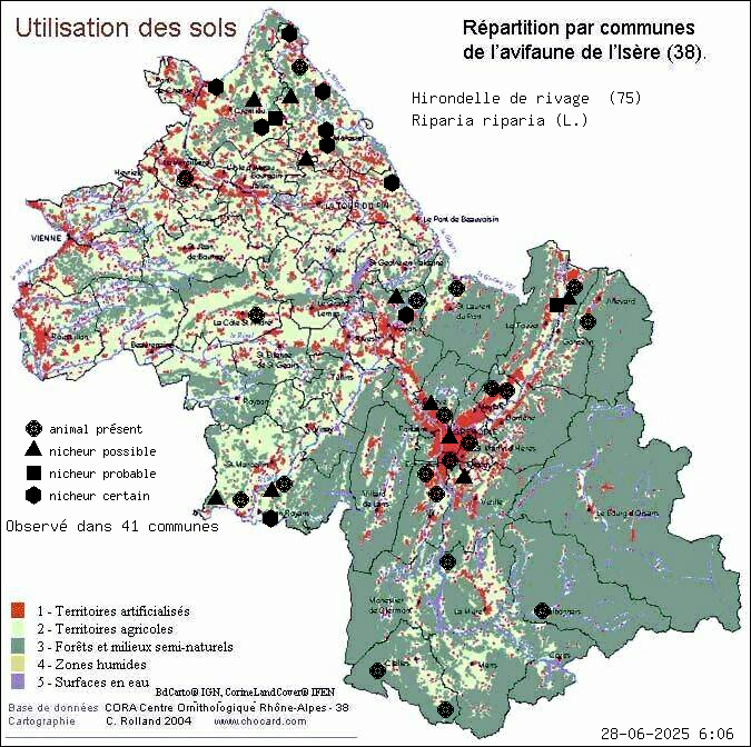 Hirondelle de rivage (Riparia riparia (L.)): carte de rpartition en Isre