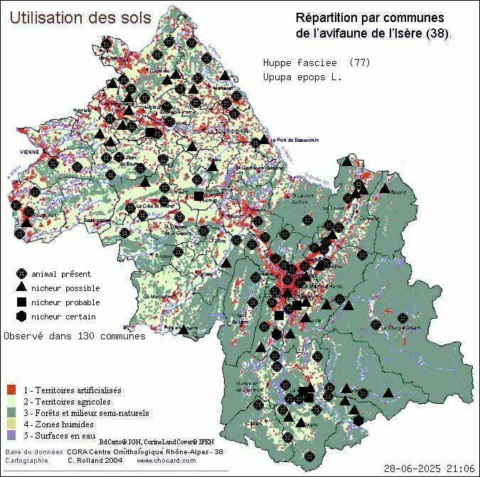 Huppe fascie (Upupa epops L.): carte de rpartition en Isre