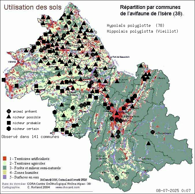 Hypolas polyglotte (Hippolais polyglotta (Vieillot)): carte de rpartition en Isre