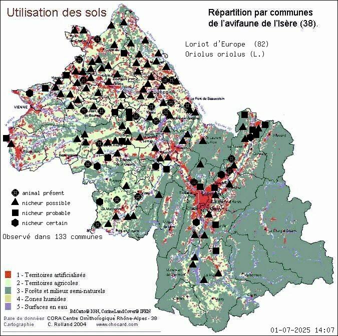 Loriot d Europe (Oriolus oriolus (L.)): carte de rpartition en Isre