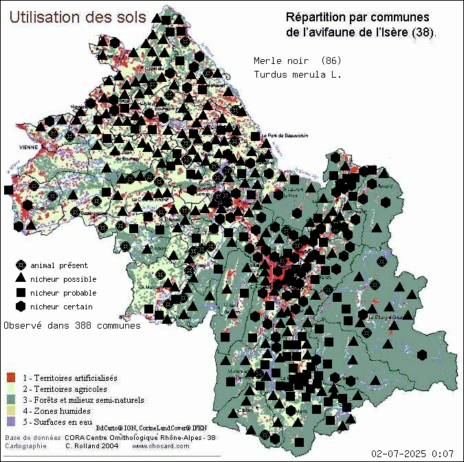 Merle noir (Turdus merula L.): carte de rpartition en Isre