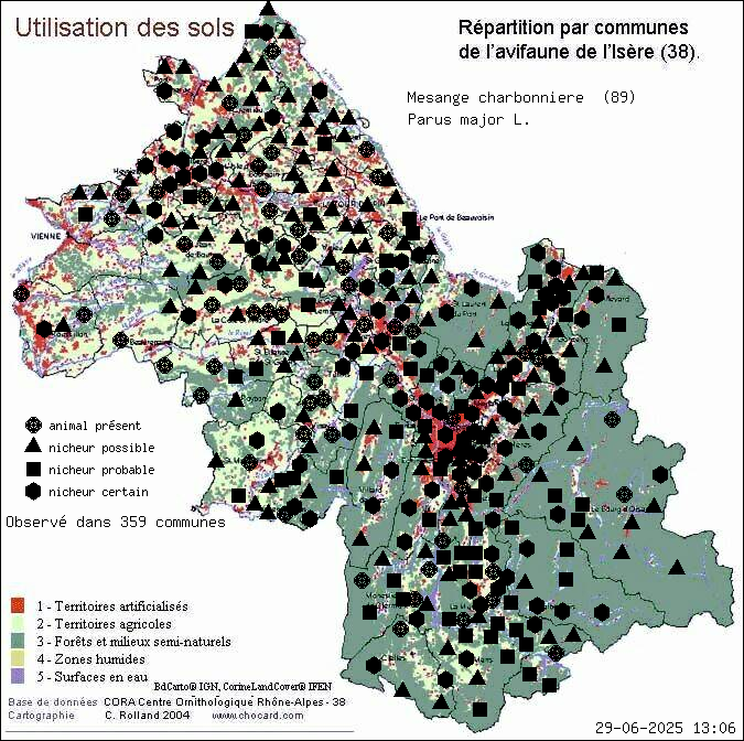 Msange charbonnire (Parus major L.): carte de rpartition en Isre