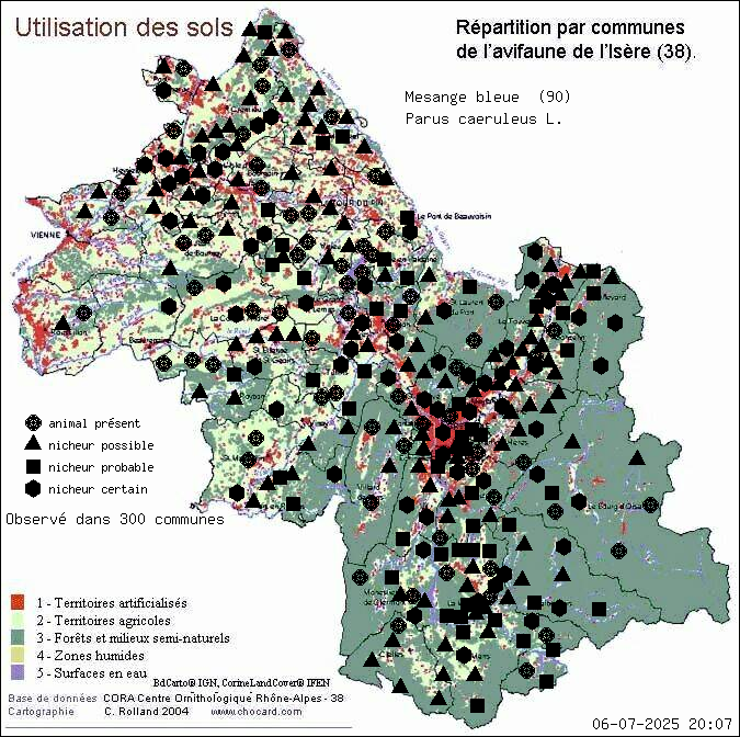 Msange bleue (Parus caeruleus L.): carte de rpartition en Isre