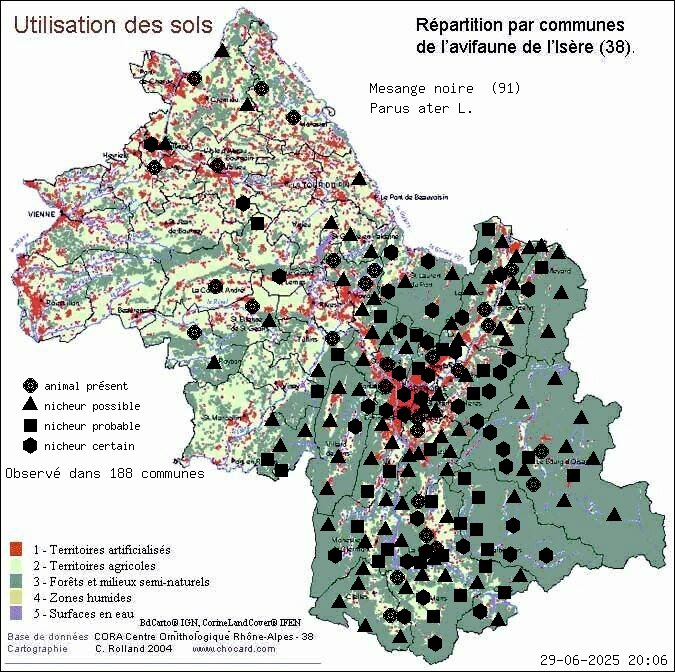 Msange noire (Parus ater L.): carte de rpartition en Isre