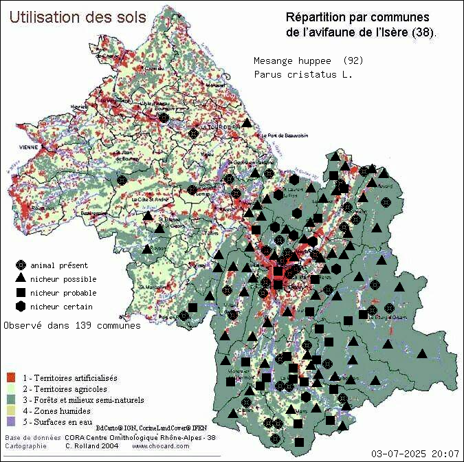 Msange huppe (Parus cristatus L.): carte de rpartition en Isre