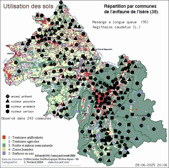 Msange  longue queue (Aegithalos caudatus (L.)): carte de rpartition en Isre