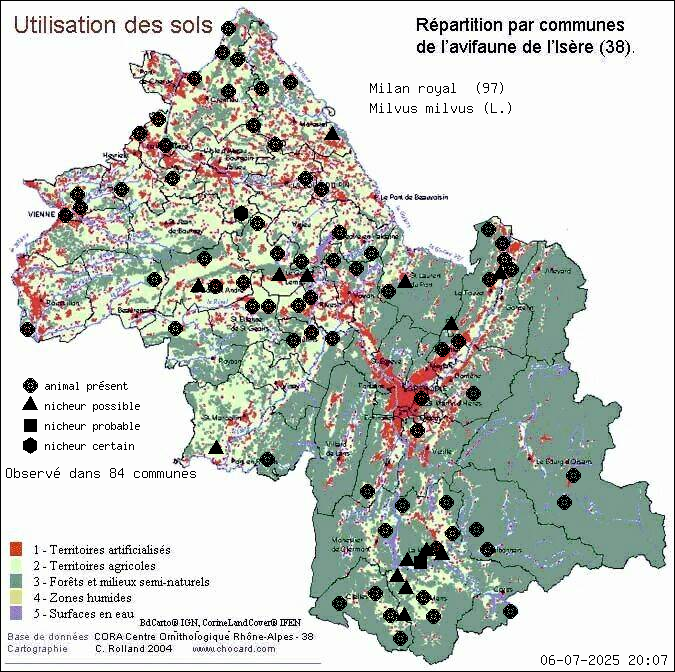 Milan royal (Milvus milvus (L.)): carte de rpartition en Isre