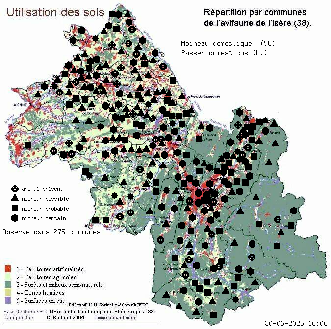 Moineau domestique (Passer domesticus (L.)): carte de rpartition en Isre