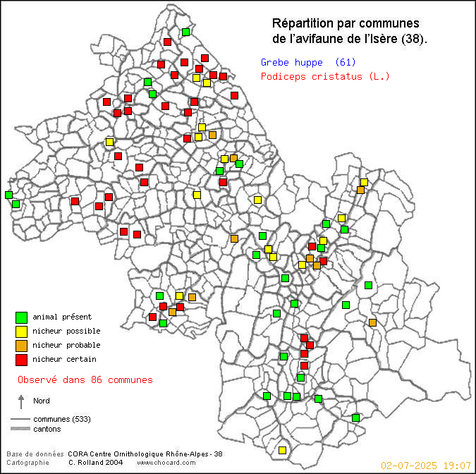 Carte de rpartition par communes en Isre d'une espce d'oiseau: Grbe hupp (Podiceps cristatus (L.)) selon Communes et cantons