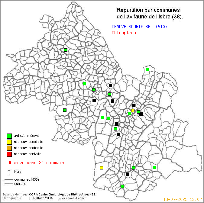 Carte de rpartition par communes en Isre d'une espce d'animal: CHAUVE SOURIS SP (Chiroptera) selon Communes et cantons