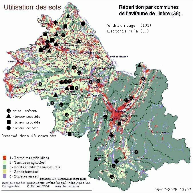 Perdrix rouge (Alectoris rufa (L.)): carte de rpartition en Isre