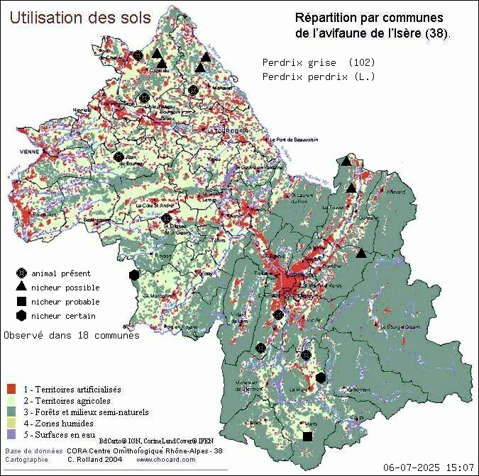 Perdrix grise (Perdrix perdrix (L.)): carte de rpartition en Isre