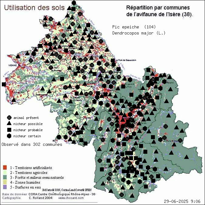 Pic peiche (Dendrocopos major (L.)): carte de rpartition en Isre