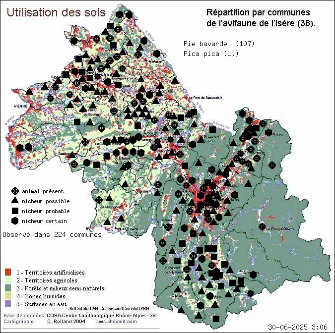 Carte de rpartition par communes en Isre d'une espce d'animal: Pie bavarde (Pica pica (L.)) selon Occupation des sols