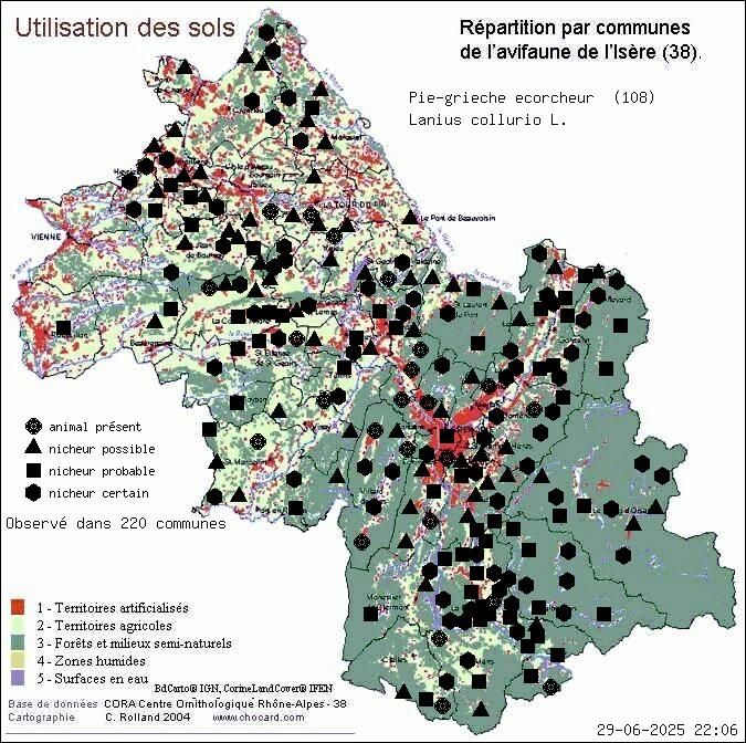 Pie-griche corcheur (Lanius collurio L.): carte de rpartition en Isre