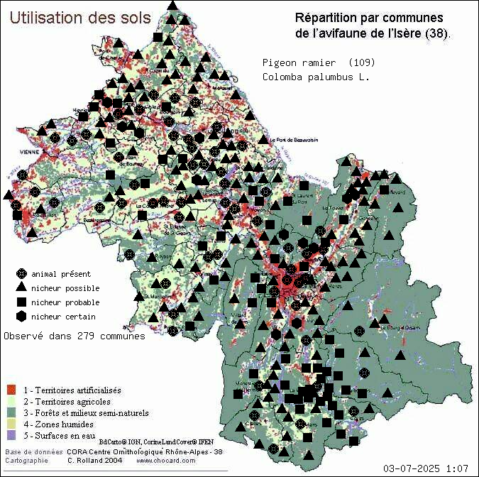 Pigeon ramier (Colomba palumbus L.): carte de rpartition en Isre