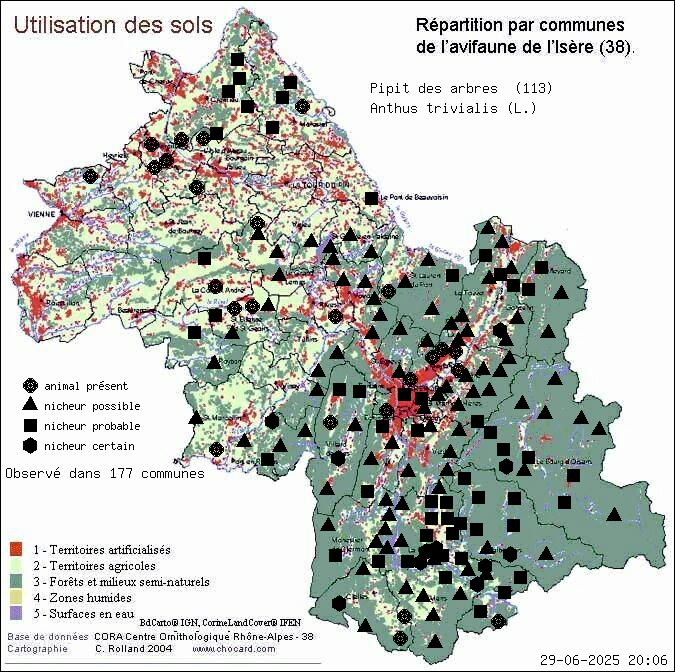 Pipit des arbres (Anthus trivialis (L.)): carte de rpartition en Isre