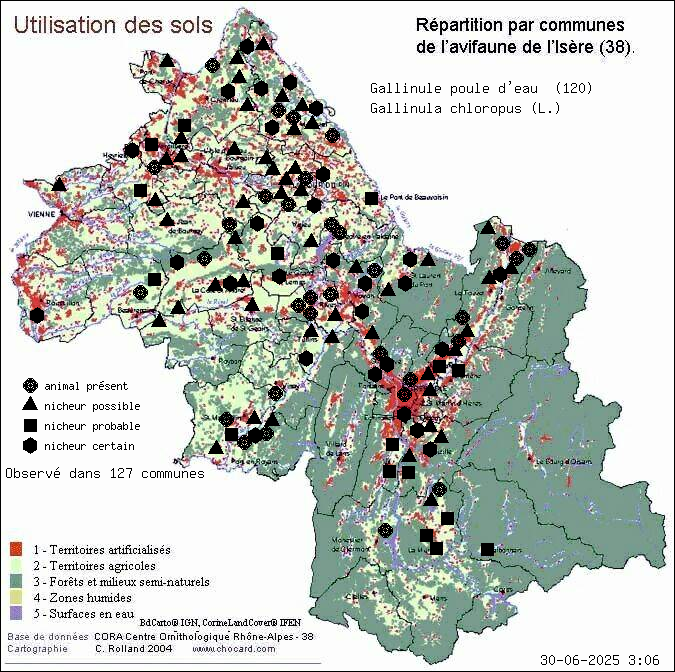 Gallinule poule d eau (Gallinula chloropus (L.)): carte de rpartition en Isre