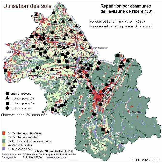 Rousserolle effarvatte (Acrocephalus scirpaceus (Hermann)): carte de rpartition en Isre