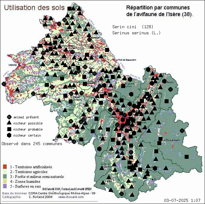 Serin cini (Serinus serinus (L.)): carte de rpartition en Isre