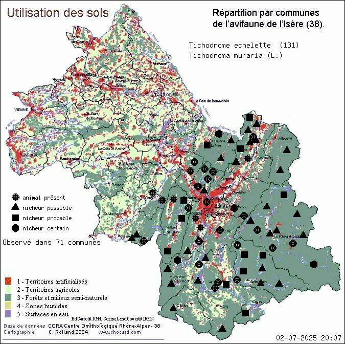 Carte de rpartition par communes en Isre d'une espce d'animal: Tichodrome chelette (Tichodroma muraria (L.)) selon Occupation des sols