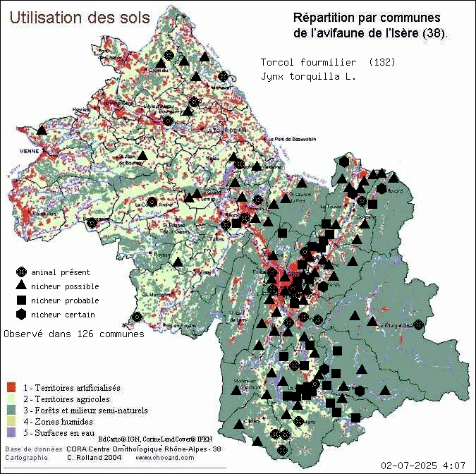 Carte de rpartition par communes en Isre d'une espce d'animal: Torcol fourmilier (Jynx torquilla L.) selon Occupation des sols