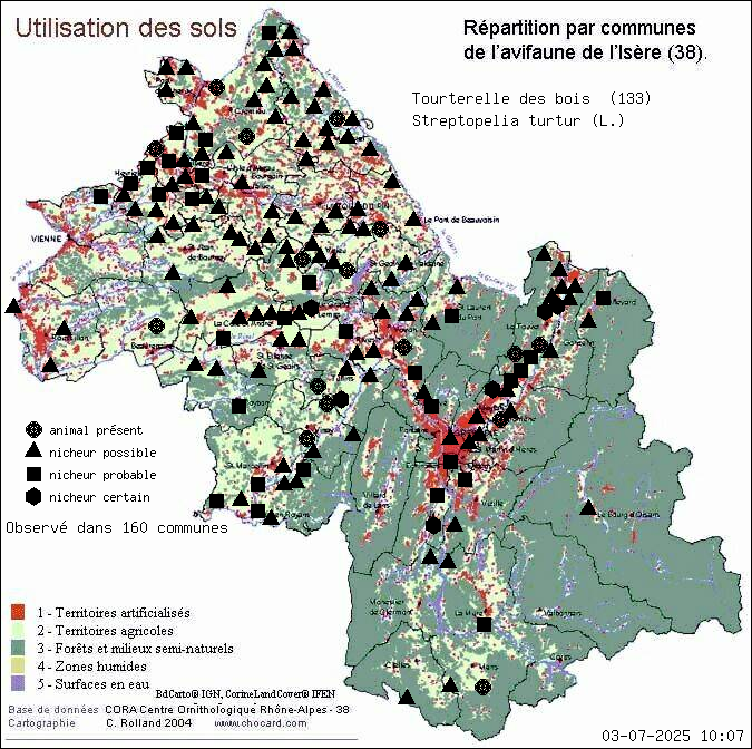 Carte de rpartition par communes en Isre d'une espce d'animal: Tourterelle des bois (Streptopelia turtur (L.)) selon Occupation des sols