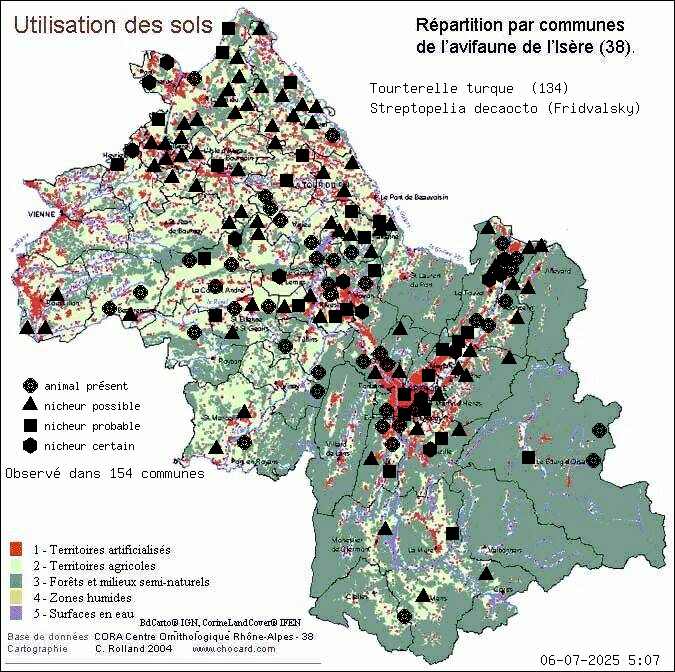 Carte de rpartition par communes en Isre d'une espce d'animal: Tourterelle turque (Streptopelia decaocto (Fridvalsky)) selon Occupation des sols