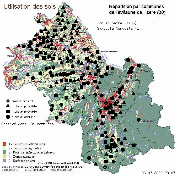Carte de rpartition par communes en Isre d'une espce d'animal: Tarier ptre (Saxicola torquata (L.)) selon Occupation des sols