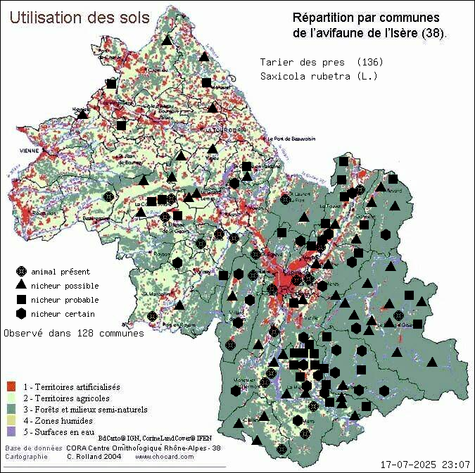 Tarier des prs (Saxicola rubetra (L.)): carte de rpartition en Isre