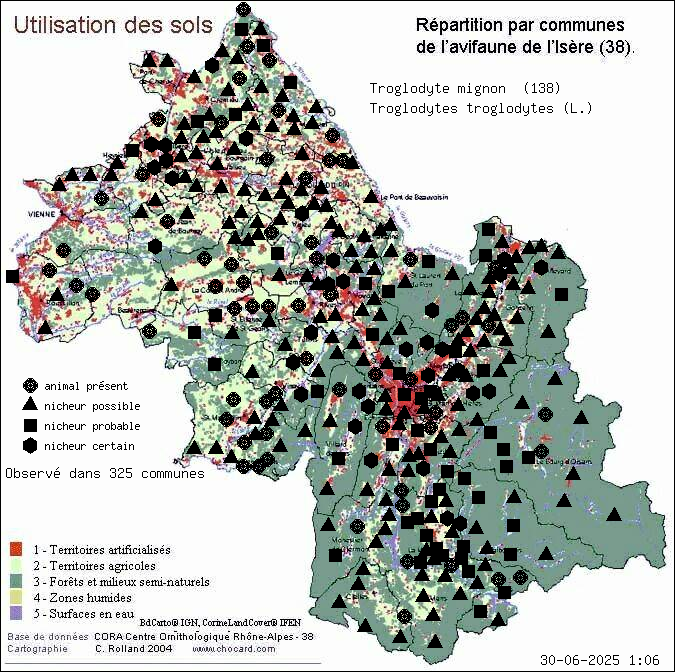 Carte de rpartition par communes en Isre d'une espce d'animal: Troglodyte mignon (Troglodytes troglodytes (L.)) selon Occupation des sols