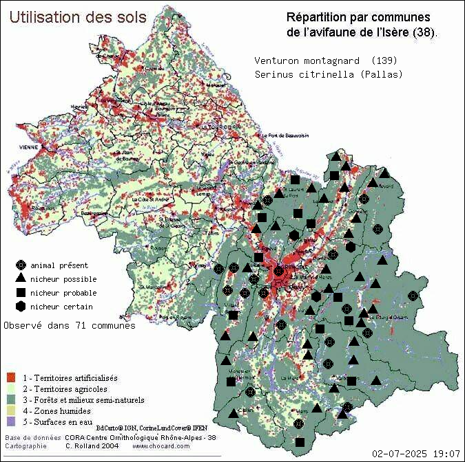 Carte de rpartition par communes en Isre d'une espce d'animal: Venturon montagnard (Serinus citrinella (Pallas)) selon Occupation des sols