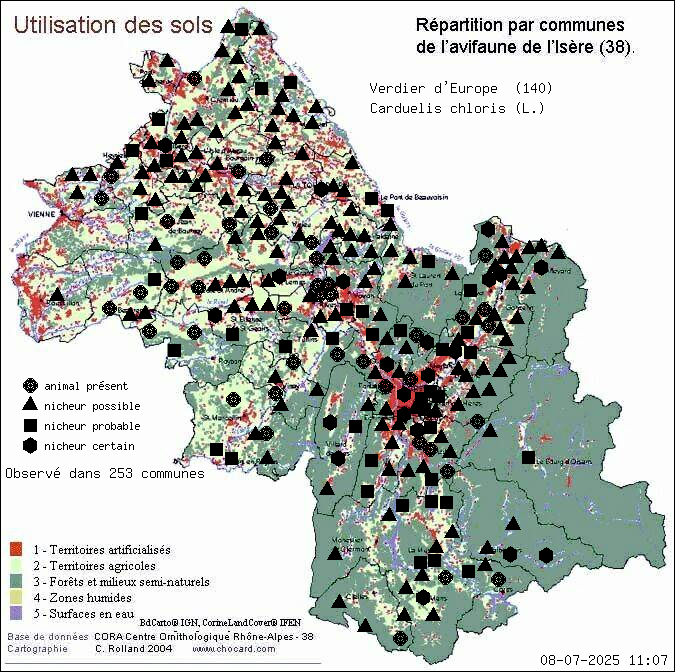 Carte de rpartition par communes en Isre d'une espce d'animal: Verdier d Europe (Carduelis chloris (L.)) selon Occupation des sols