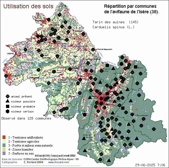 Carte de rpartition par communes en Isre d'une espce d'animal: Tarin des aulnes (Carduelis spinus (L.)) selon Occupation des sols