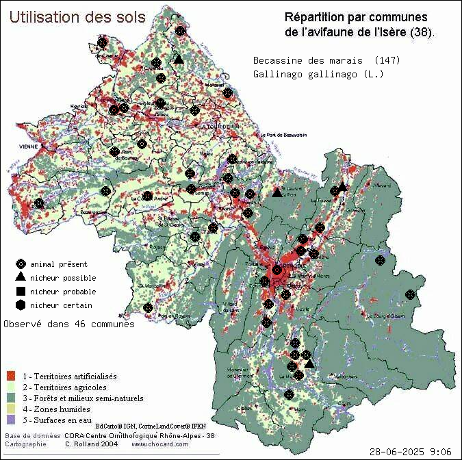 Carte de rpartition par communes en Isre d'une espce d'animal: Bcassine des marais (Gallinago gallinago (L.)) selon Occupation des sols