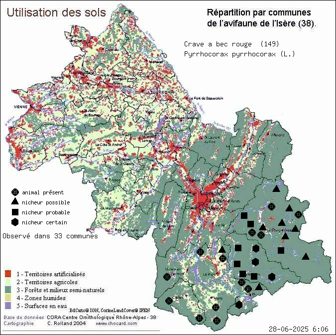 Crave  bec rouge (Pyrrhocorax pyrrhocorax (L.)): carte de rpartition en Isre