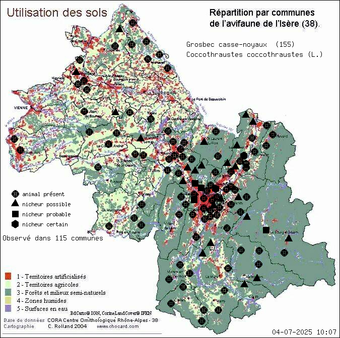 Carte de rpartition par communes en Isre d'une espce d'animal: Grosbec casse-noyaux (Coccothraustes coccothraustes (L.)) selon Occupation des sols