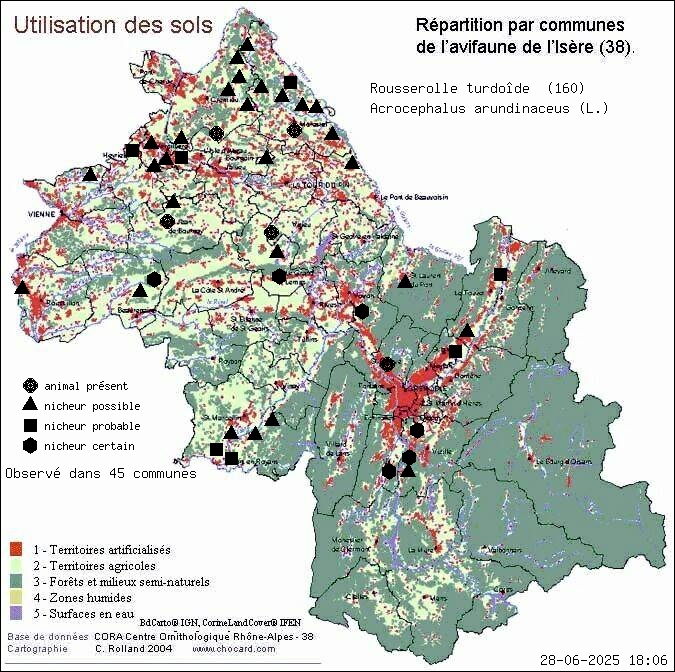 Rousserolle turdode (Acrocephalus arundinaceus (L.)): carte de rpartition en Isre