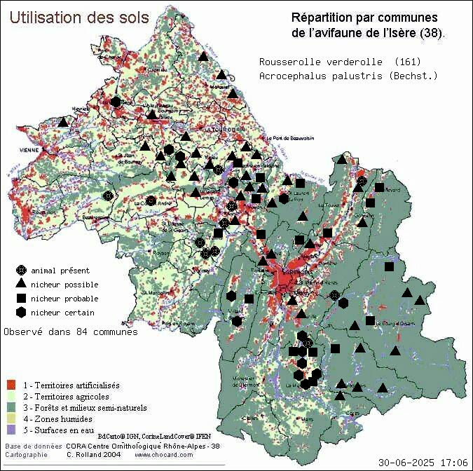 Rousserolle verderolle (Acrocephalus palustris (Bechst.)): carte de rpartition en Isre