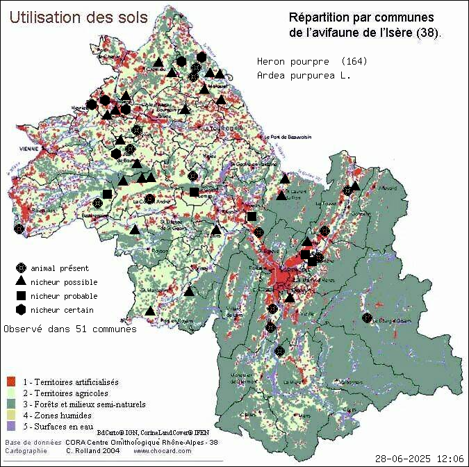 Hron pourpr (Ardea purpurea L.): carte de rpartition en Isre