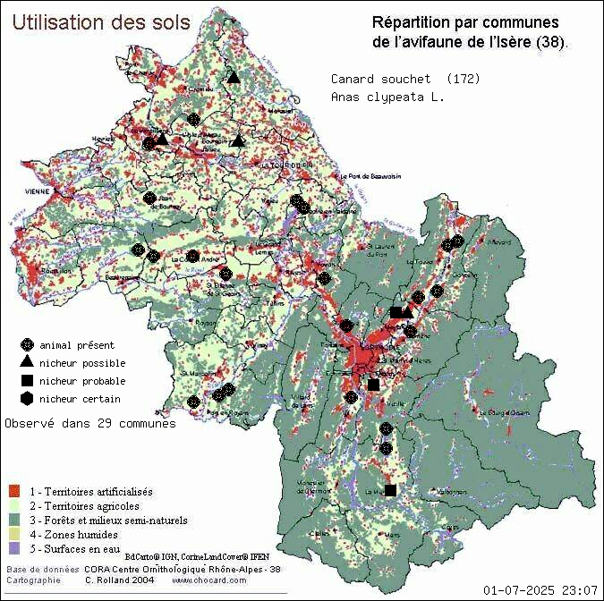 Canard souchet (Anas clypeata L.): carte de rpartition en Isre