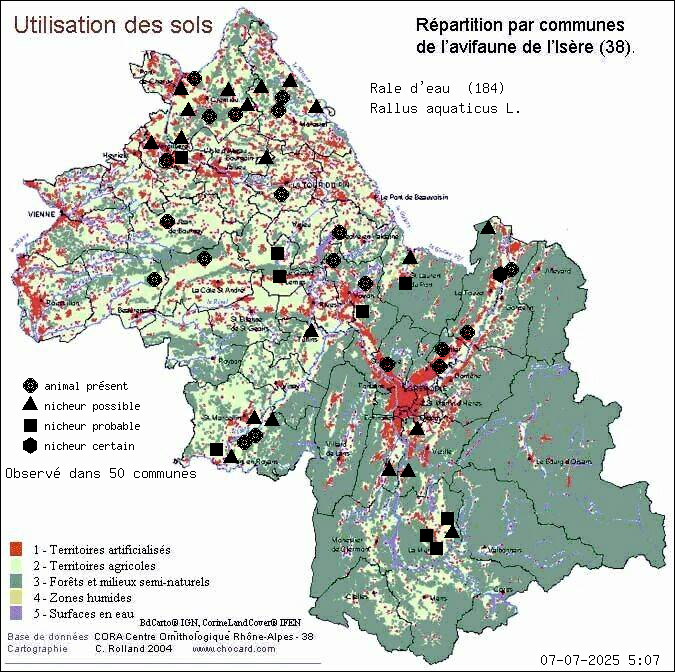 Rle d eau (Rallus aquaticus L.): carte de rpartition en Isre