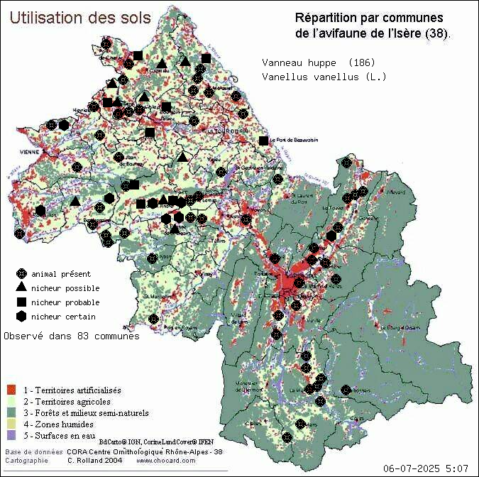 Carte de rpartition par communes en Isre d'une espce d'animal: Vanneau hupp (Vanellus vanellus (L.)) selon Occupation des sols