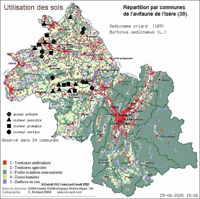 Oedicnme criard (Burhinus oedicnemus (L.)): carte de rpartition en Isre