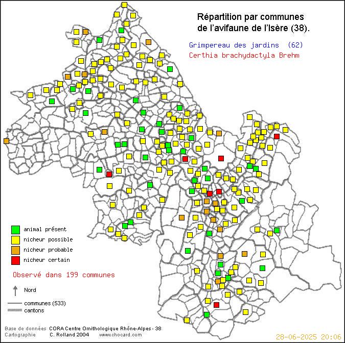 Carte de rpartition par communes en Isre d'une espce d'oiseau: Grimpereau des jardins (Certhia brachydactyla Brehm) selon Communes et cantons